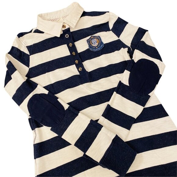 H&M Navy Blue & White Striped Nautical Sweatshirt Elbow Patches Crest Sz S - Picture 2 of 15